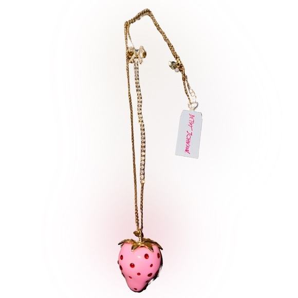 NWT Betsey Johnson Strawberry Long Pendant Necklace Pink & Gold - Picture 2 of 7
